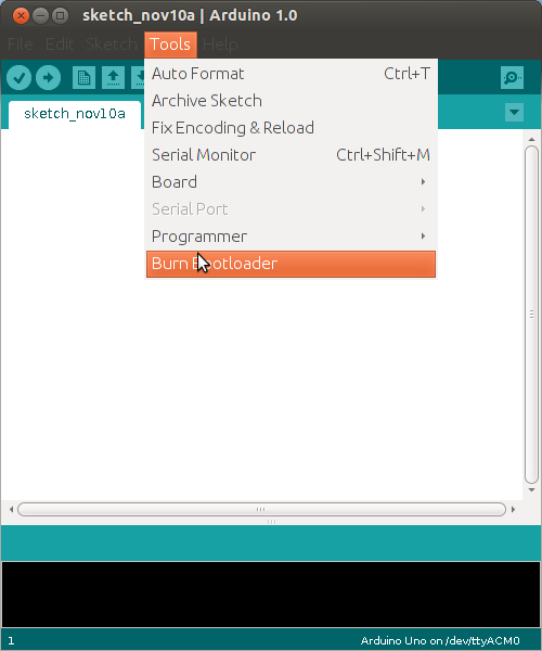 Tools > Burn Bootloader